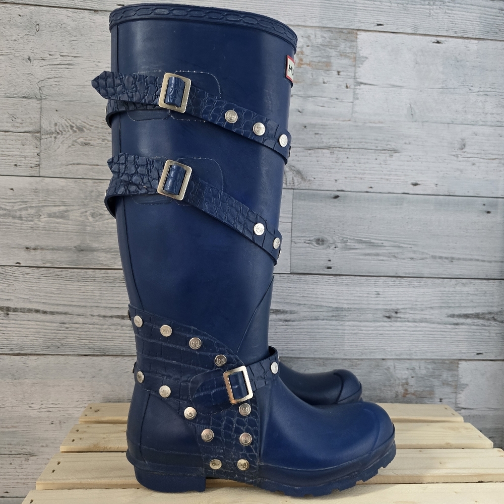 Hunter Tall Festival Studded Special Edition Blue Wellington Rubber Rain Boots